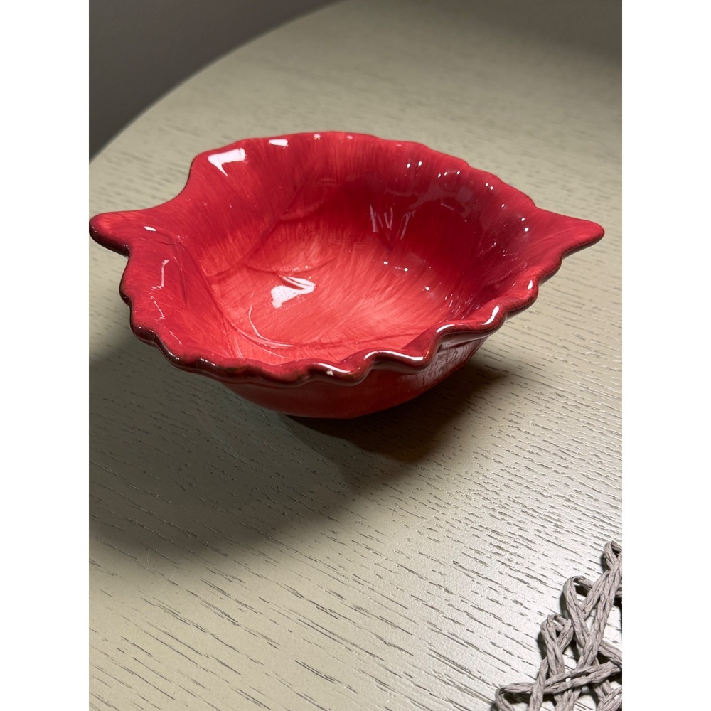 Harvest Red Ceramic Leaf Bowl Scalloped Fall Autumn Serving Dish Glossy Crimson